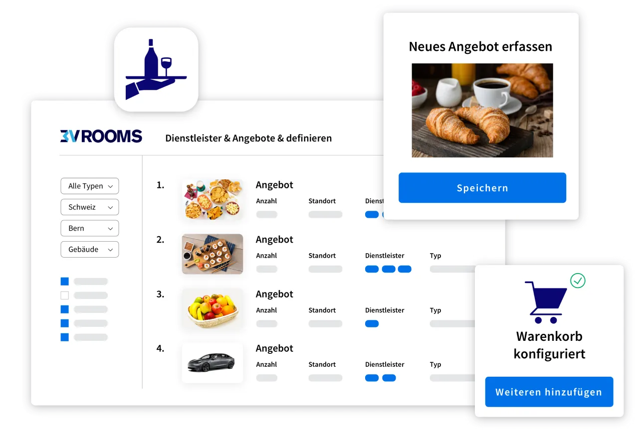 3V ROOMS Web-Plattform: Dienstleister-Angebote für Catering und Services definieren