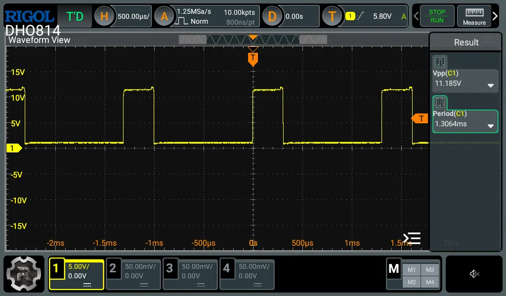Aufnahme eines Farbkanals mit einem Oszilloskop — das PWM-Signal ist zu erkennen