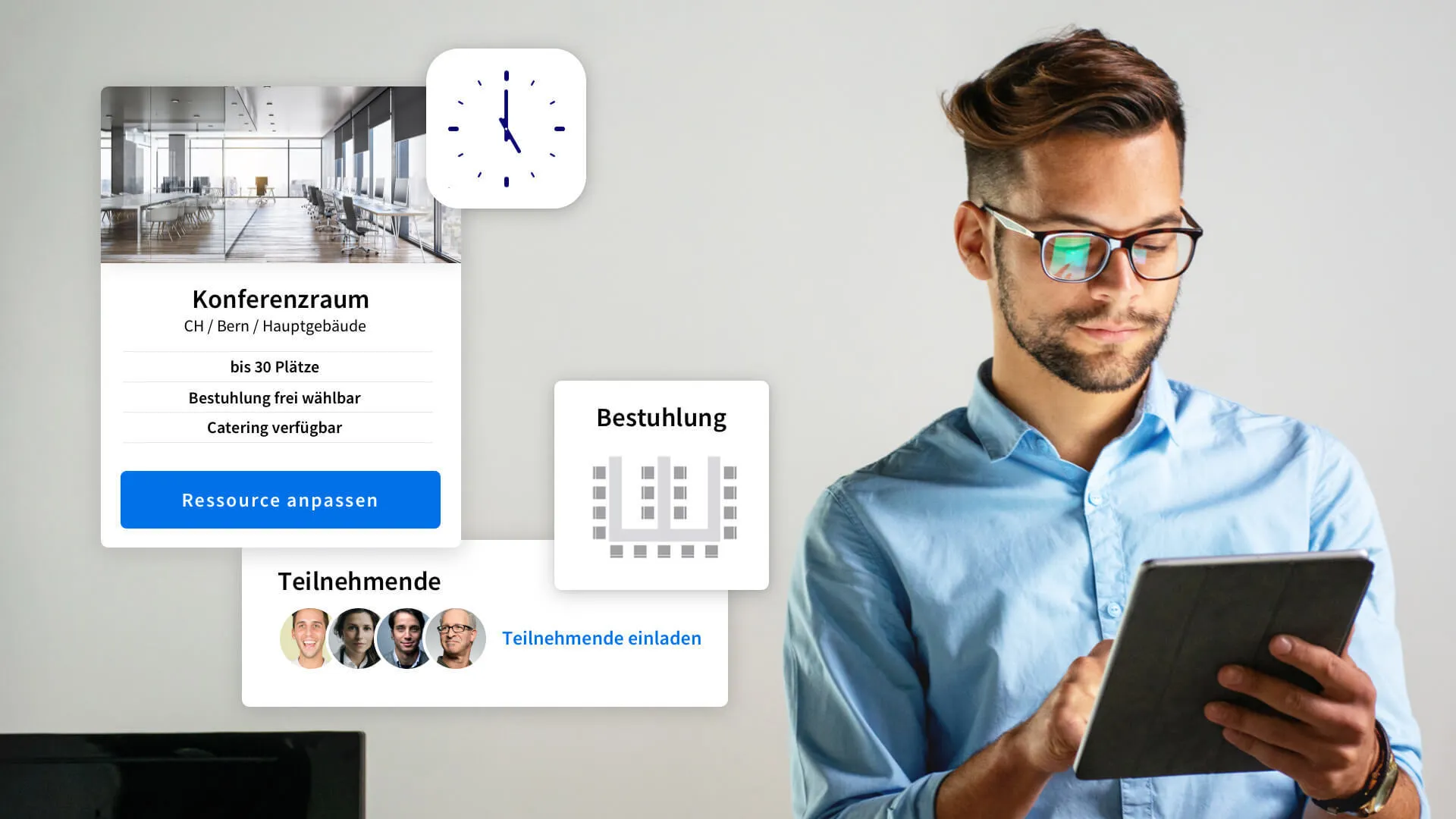 3V ROOMS Plattform: Tablet-Buchung im modernen Konferenzraum