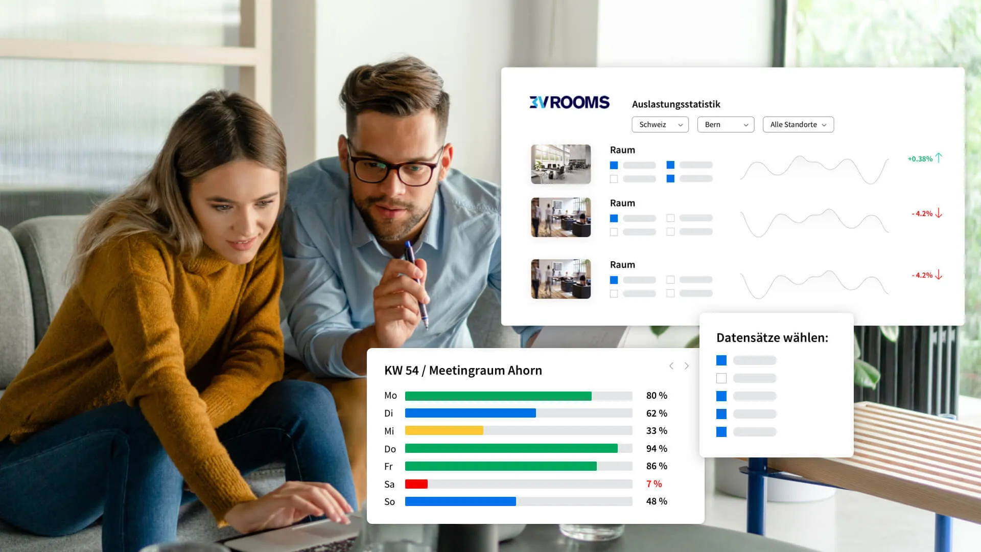 3V ROOMS Facility Management: Laptop mit Auslastungsstatistik und Raumbelegungsdaten