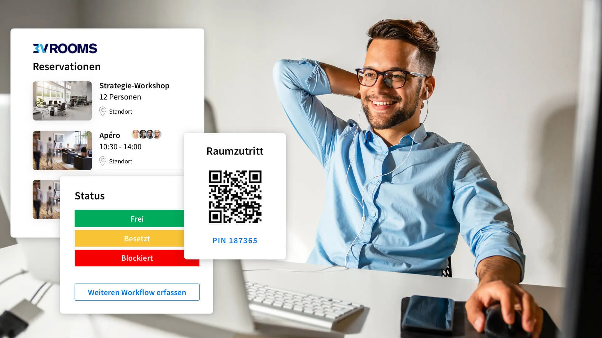 3V ROOMS Raumstatus: Türschild mit Belegungsanzeige und QR-Code für Check-in